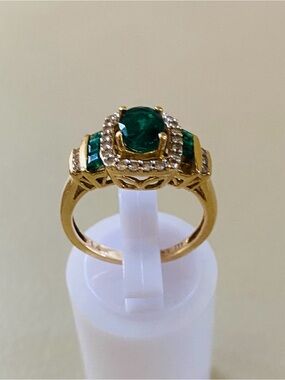 Genuine Emerald and Diamond Halo 14k Gold Ring - Women Jewelry